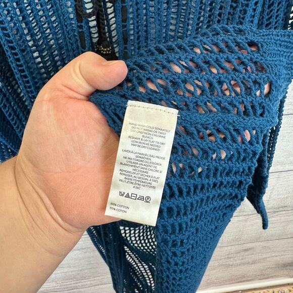 Free People Women's Blue Lattice Open Knit Tie Front Boho Cardigan Size Medium - Picture 9 of 12